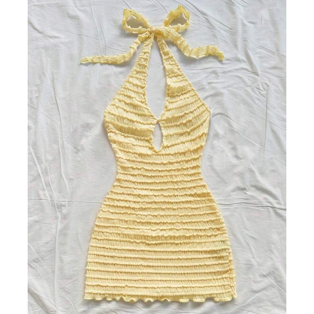 Yellow Smocked Halter Mini Dress Textured Bodycon Keyhole Backless Summer